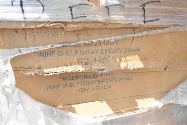 42 brand new scratch and dent wire shelves, model 2448GY, gray epoxy, 24x48 inches, 4 per box, in packaging.
