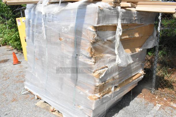 42 brand new scratch and dent items including 2448GY 24x48 wire shelves and P74GY poles wrapped on pallet.