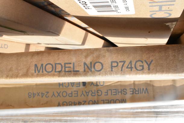 42 brand new scratch and dent items, including 2448GY 24x48 wire shelves and P74GY poles, packaging labeled with model numbers.