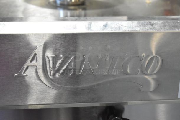 Alt text: "Avantco 177VB203 stainless steel gas vertical broiler, brand new with scratches, 65 lb. capacity, 28,500 BTU."