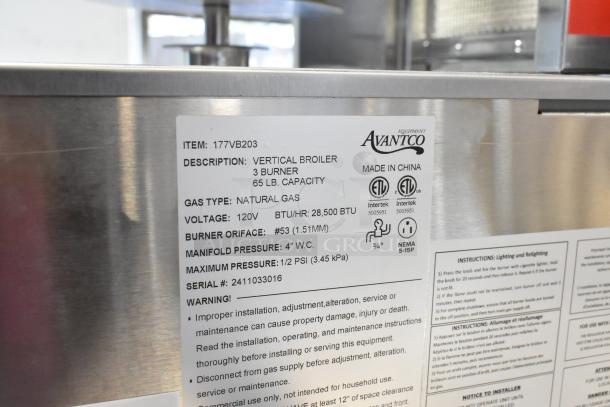 Brand new Avantco 177VB203 stainless steel vertical broiler, 65 lb. capacity, 28,500 BTU, natural gas, scratch and dent condition.
