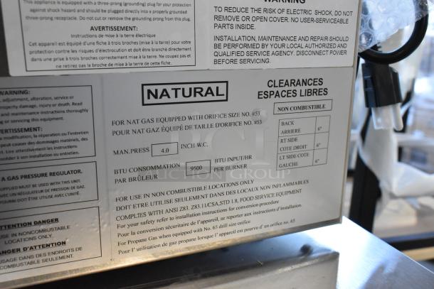 Brand new Avantco 177VB203 stainless steel gas vertical broiler label with installation and clearance instructions.