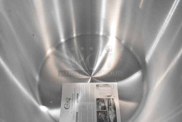 BRAND NEW Choice 471SP140QTHD 140 Qt. Heavy Weight Aluminum Stock Pot, minor scratches, care instructions visible inside.