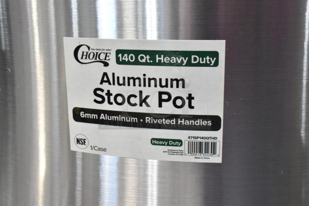 BRAND NEW SCRATCH AND DENT! Choice 471SP140QTHD, 140 Qt. heavy-duty aluminum stock pot; 6mm aluminum, riveted handles.