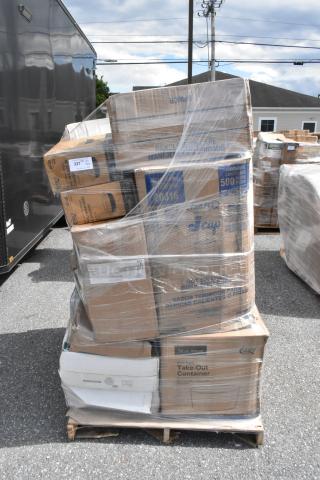 Pallet of assorted new scratch and dent items including hot cups, cold cups, gloves; various branded boxes wrapped in plastic.