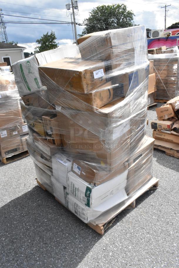 Pallet of 27 new scratch and dent items wrapped in plastic, including boxes of hot cups, cold cups, and gloves.