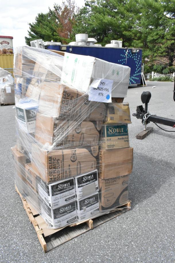 Pallet with 27 new items including Noble hot cups, cold cups, disposable gloves. Scratch and dent condition.