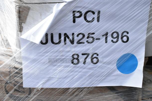 Plastic-wrapped pallet labeled "PCI JUN25-196 876" containing 27 brand new scratch and dent items, including cups and gloves.