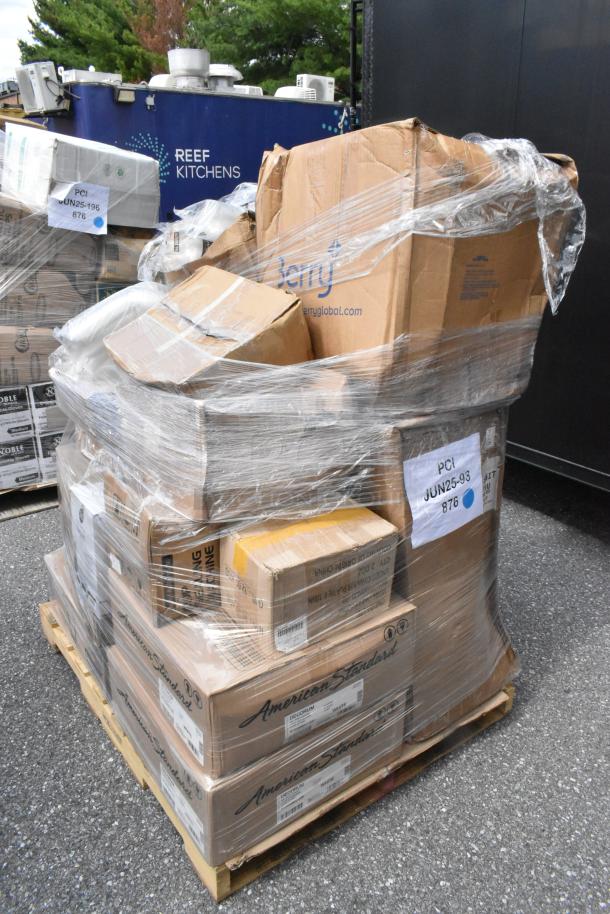 Shrink-wrapped pallet of 22 brand new scratch and dent items, including American Standard boxes. Visible "PCI JUN25-93 876" label.