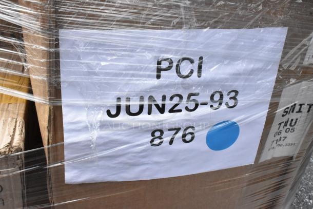 Pallet wrapped in plastic with PCI label reading "JUN25-93, 876," containing 22 new scratch and dent items.