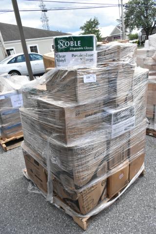 Palette of 22 brand new scratch and dent items, including Noble disposable gloves, cups, and clamshell. Items wrapped in plastic.