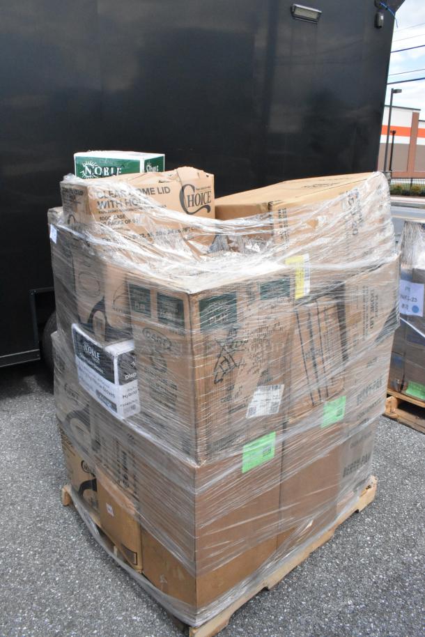 Pallet of 22 mixed items, boxed and wrapped in plastic. Includes lids, cups, gloves, in new scratch and dent condition.