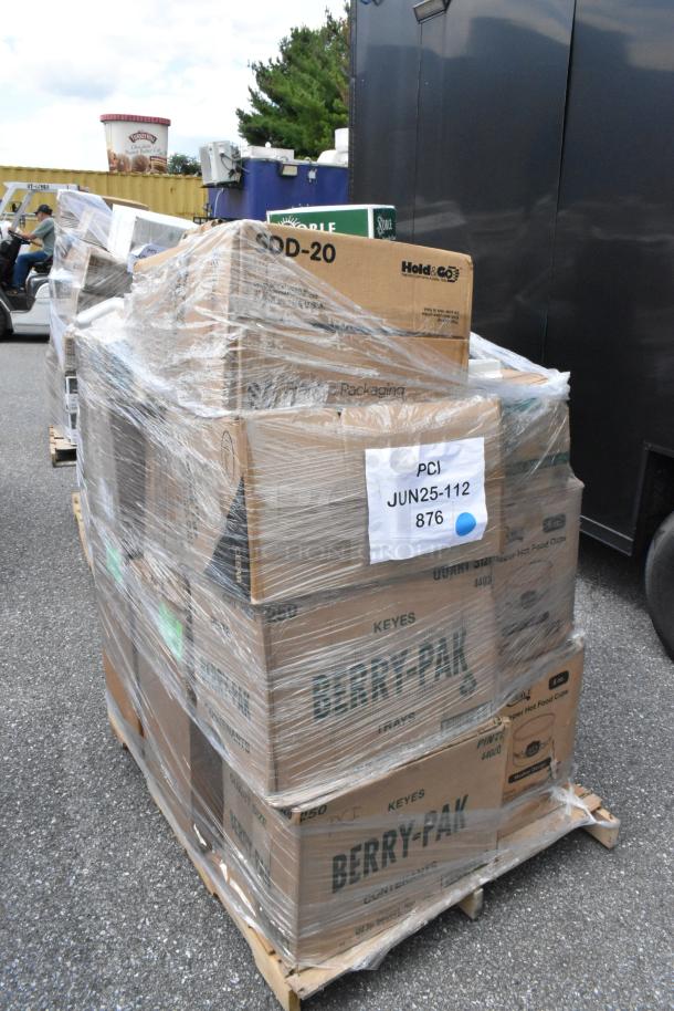Pallet of sealed boxes labeled Berry-Pak and Hold & Go, including lids, cups, gloves, and cookie clamshells, tagged PCJ JUN25-112 876.