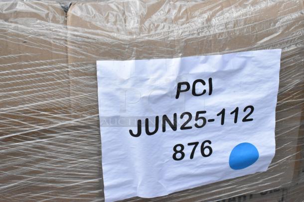 Plastic-wrapped pallet with label reading "PCI JUN25-112 876" for auctioned items including lids, cups, gloves, cookie clamshell.