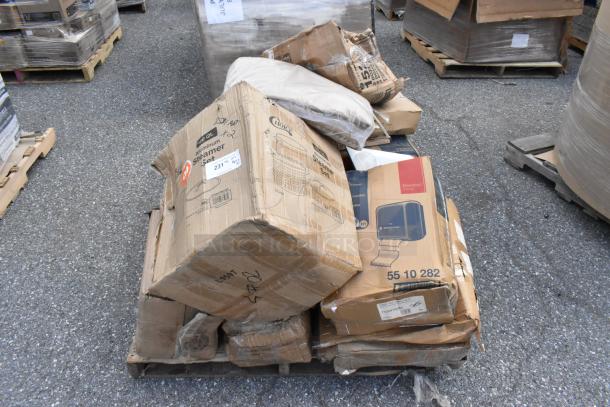 Auction of 19 scratch and dent items including shelf kit, aluminum trays, stock pot. Mixed condition, various boxes shown.