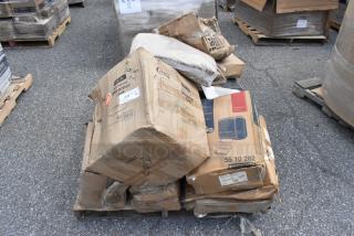 Auction of 19 scratch and dent items including shelf kit, aluminum trays, stock pot. Mixed condition, various boxes shown.