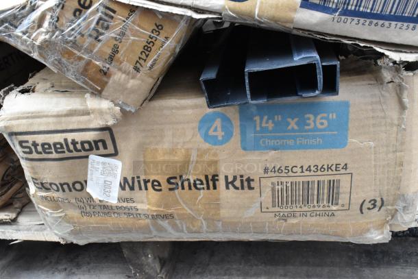 Steelton wire shelf kit in damaged box, 14"x36" chrome finish. Includes 4 shelves, posts, sleeves. Brand new, scratch and dent.