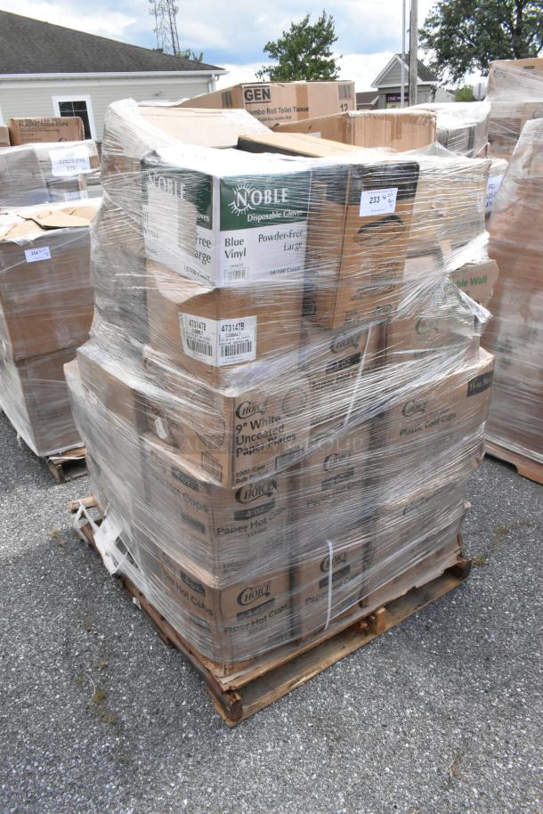 Pallet with 41 new scratch and dent items: Noble gloves, Choice paper plates, cups. Wrapped in plastic, visible labels.