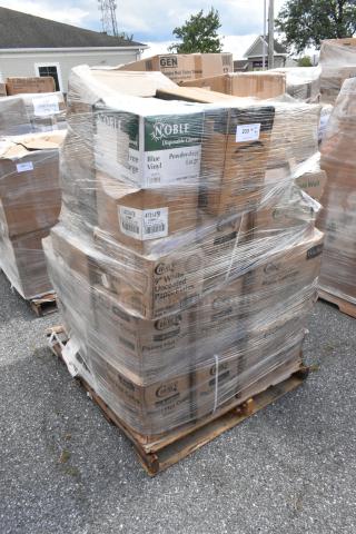 Pallet with 41 new scratch and dent items: Noble gloves, Choice paper plates, cups. Wrapped in plastic, visible labels.