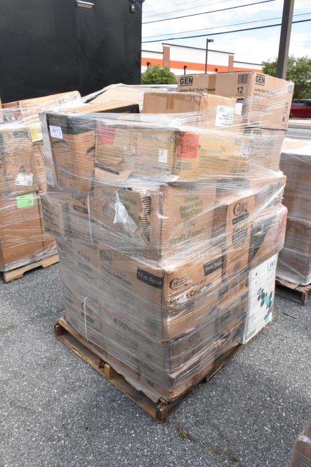 Pallet of 41 scratch and dent items, including paper plates, container lids, paper bags, and packaging bags, shrink-wrapped.