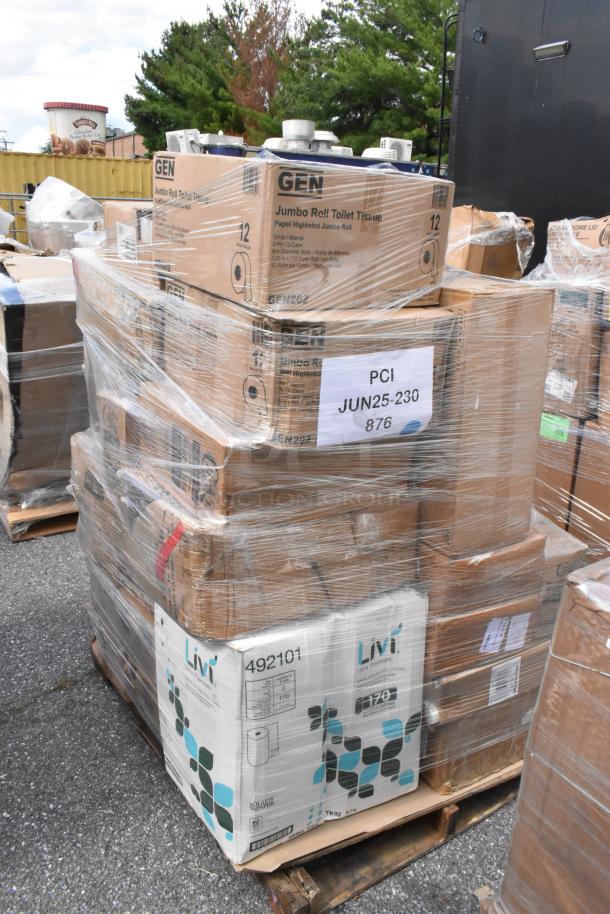 Palette of mixed new items, including paper plates, lids, and packaging bags. Visible GEN and Livi branded boxes. Minimal wear.