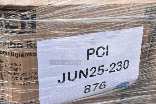 Box wrapped in plastic labeled "PCI JUN25-230 876," containing brand new scratch-and-dent items like paper plates and lids.