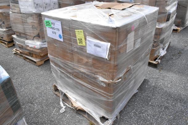 Pallet of 8 brand new scratch and dent items, including Carlisle RG9-414 OptiClean 9 Compartment Blue Glass Rack with 4 Extenders, wrapped in plastic.
