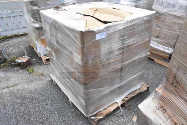 Shrink-wrapped pallet with 8 new Carlisle RG9-414 OptiClean glass racks, 9 compartments, 4 extenders, visible dented box.