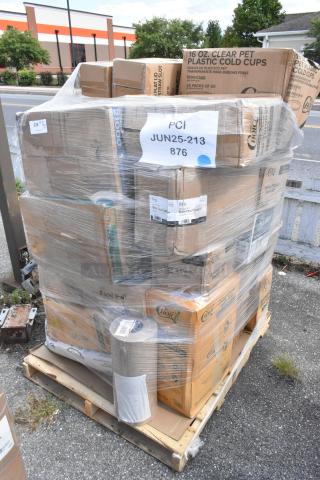 Pallet of 37 new scratch and dent items, including gloves, cup carriers, plates, and more, wrapped in plastic with visible labels.