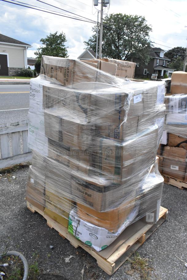 Wrapped pallet of 37 new scratch and dent items, including gloves, cup carrier, plant fiber plates, containers, and portion cups.