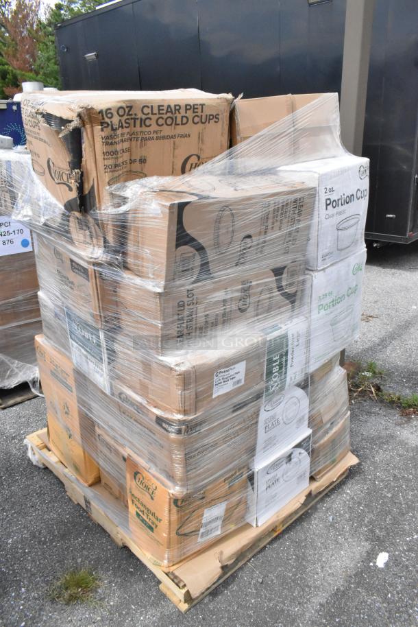 Sealed pallet of 37 mixed-brand catering supplies, including gloves, cup carrier, plant fiber plates, and portion cups.