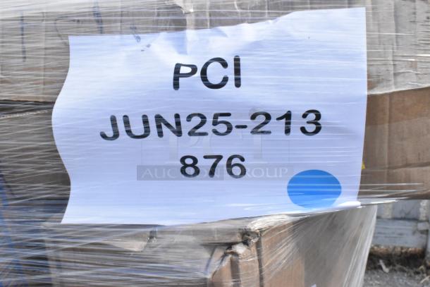 Pallet of 37 brand new items, including various household goods, marked PCI JUN25-213 876, partially wrapped in plastic.
