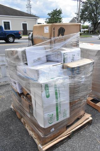 Pallet of 33 brand new items including deli wrap, paper towels, cold cups, lids. Wrapped in plastic, labeled as scratch and dent.