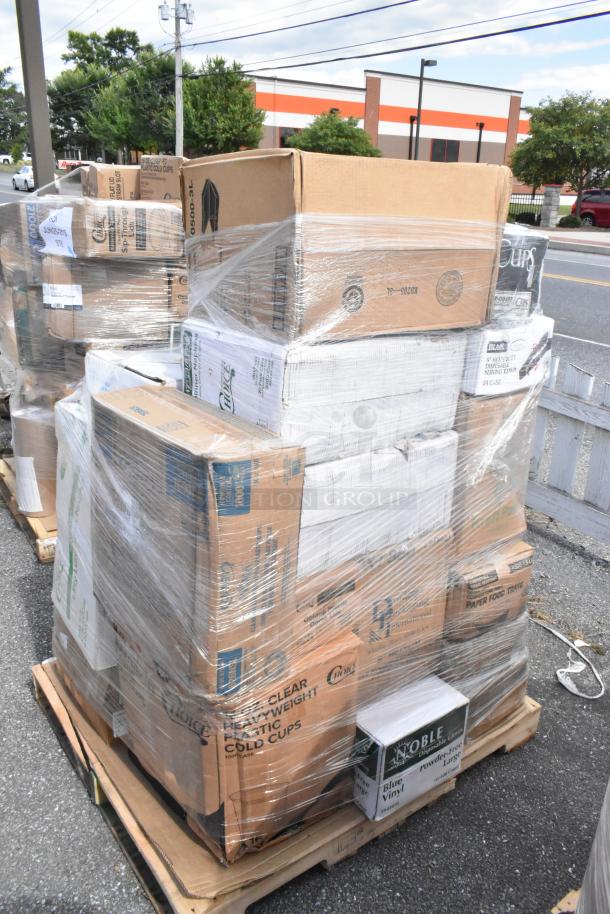 Pallet of 33 new items, scratch and dent condition, including deli wrap, paper towels, and cold cups.