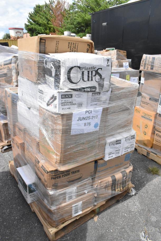 Pallet of assorted brand new scratch and dent items including deli wrap, paper towels, cold cups, and lids.