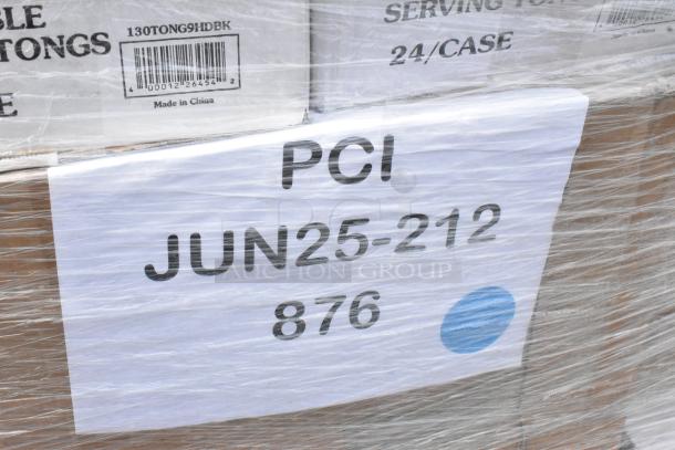 Pallet of brand new scratch and dent items, including deli wrap, paper towels, cups, and lids. Visible labels show "PCI" and barcode.