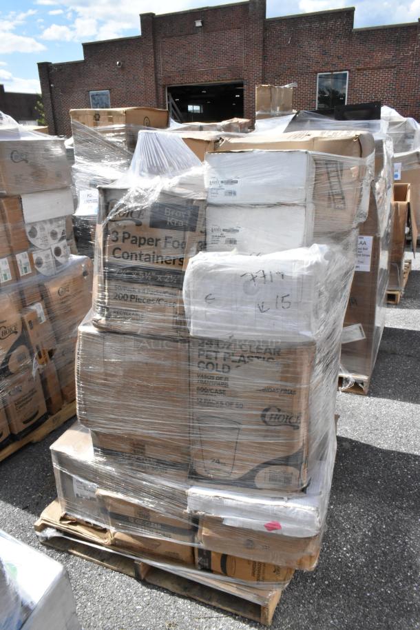 Pallet with 33 brand new scratch and dent items, including plastic plates, paper towels, food trays, gloves, and cold cups.