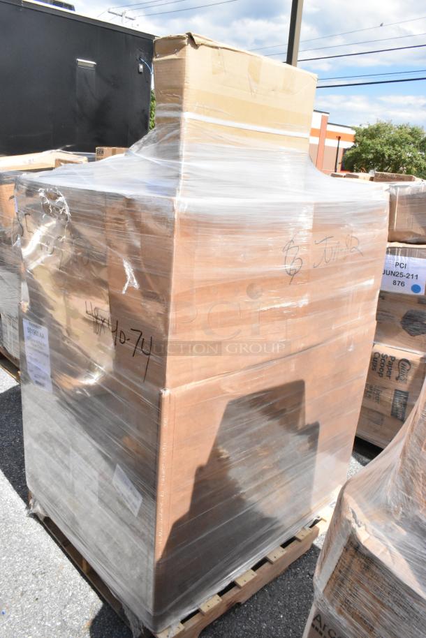 A large pallet of boxed items wrapped in plastic, labeled “Scratch and Dent” containing green and red bell pepper/onion blend strips.