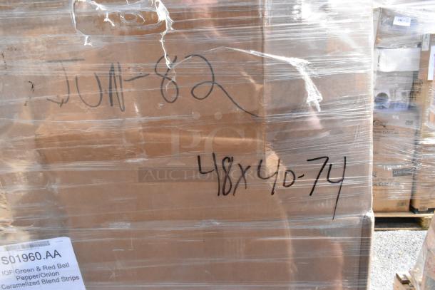 20 new scratch and dent boxes of IQF Green & Red Bell Pepper/Onion Caramelized Blend Strips. Marked "JUN-82." Size: 48x40x74.