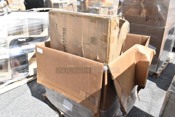 Eight brand new scratch and dent items, including table, chafer cover, and trash cart, in open shipping boxes.