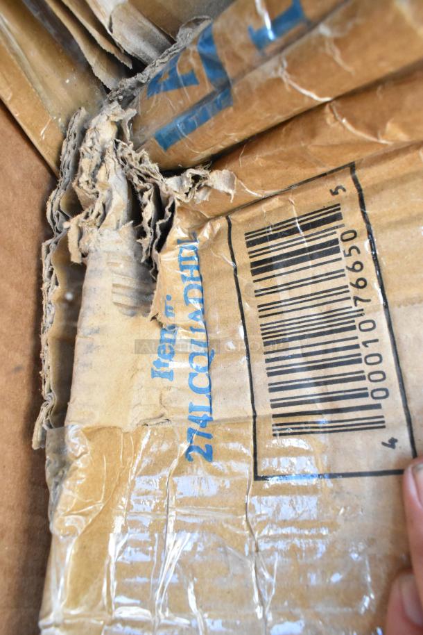Damaged cardboard box showing a barcode and partially visible text "Item" and "274LCUADH1L". Box condition: torn and crumpled.