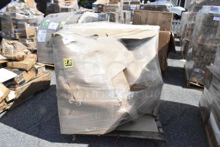 Plastic-wrapped booth in brand new scratch and dent condition, visible cardboard packaging, stored on a pallet. Auction lot 240.