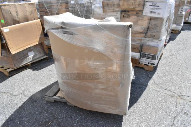 "Brand new scratch and dent booth, wrapped in plastic, on a pallet, slightly damaged packaging, ideal for business use."