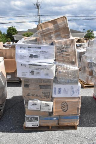 Pallet of 43 scratch and dent boxes with frozen yogurt cups, teaspoons, lids. Brands include Choice, Noble, and Gen.