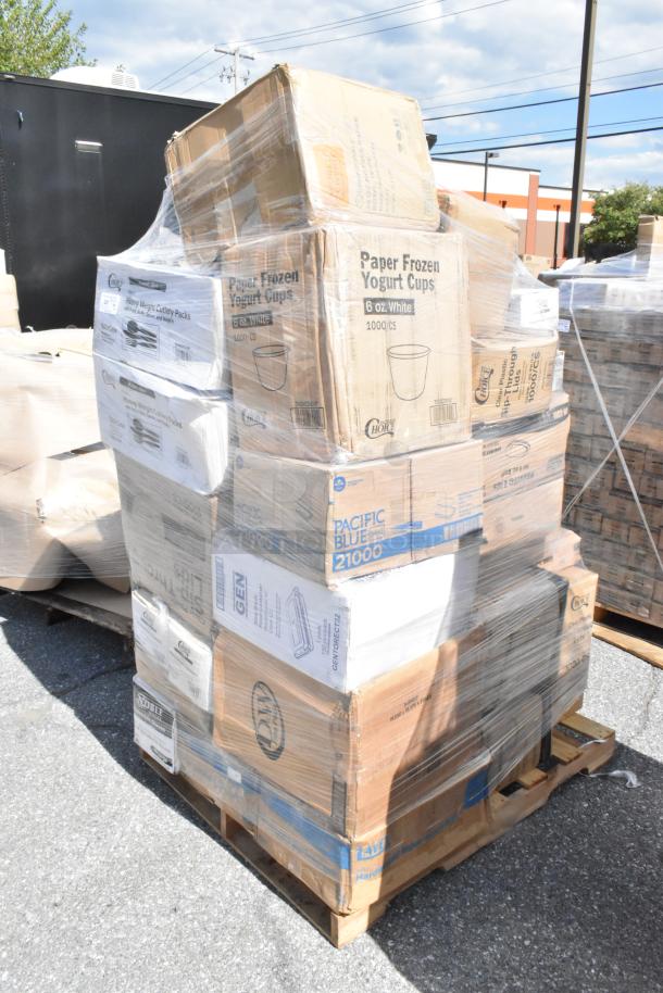Pallet of 43 boxes containing brand new scratch and dent items including paper frozen yogurt cups, teaspoons, and lids.