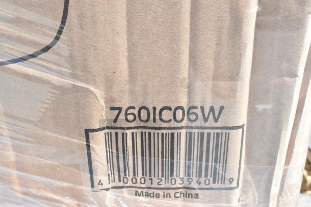 Cardboard box with barcode 7601C06W, labeled "Made in China," contains frozen yogurt cups, teaspoons, lids.