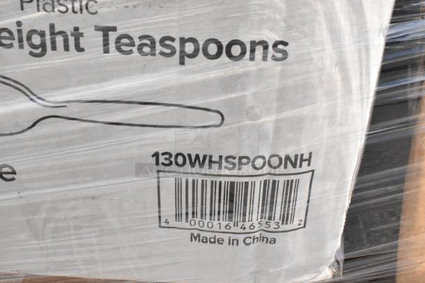 "Box labeled 'Lightweight Teaspoons', barcode 130WHSPOONH, Made in China. Part of 43 scratch and dent auction items."