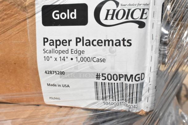 Box of Choice brand paper placemats, scalloped edge, 10" x 14", 1,000 per case, labeled made in USA.