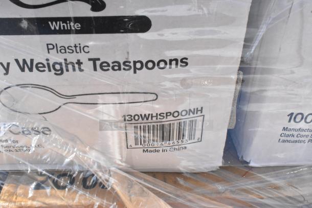 Packaged box of white plastic heavy weight teaspoons, model 130WHSPOONH, barcode visible, labeled "Made in China."