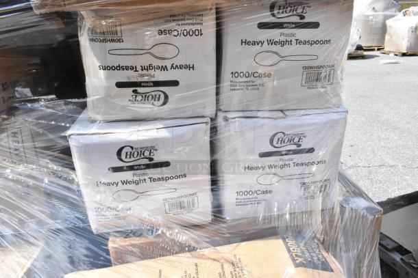 Pallet of Choice white plastic heavy weight teaspoons, 1000 per case. Brand new, scratch and dent.